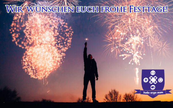 Das Bild zeigt einen Mann im Gegenlicht, der eine Wunderkerze in den Himmel hält. Im Hintergrund ist Feuerwerk zu sehen, oben steht "Wir wünschen euch frohe Festtage".