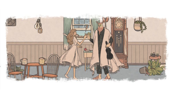 Auf dem Bild ist eine junge Frau in einem weißen Kleid und ein Mann mit einem Eulenkopf zu sehen, die in einer Küche stehen. Es sieht fast aus, als würden die beiden miteinander tanzen.
