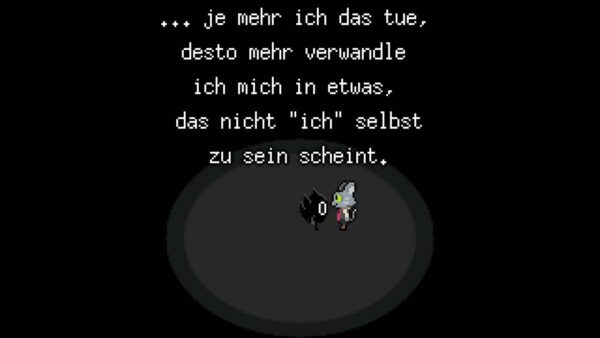 Es ist sehr dunkel auf dem Bild. Eine fast durchsichtige Katze erhält sich mit einem schwarzen Wesen. Das Wesen sagt: "... je mehr ich das tue, desto mehr verwandle ich mich in etwas, das nicht "ich" selbst zu sein scheint."