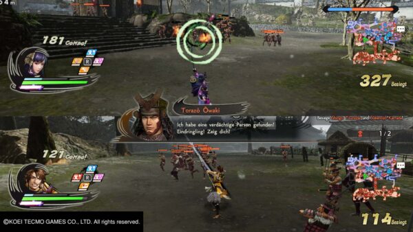 Der Bildschirm ist in zwei Teile unterteilt. Oben schießt eine Frau einen grünen Pfeil auf mehrere Gegner. Unten kämpft ein gelber Krieger gegen mehrere Feinde.