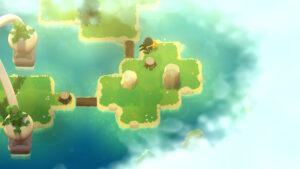 Das Bild zeigt eine kleine Insel mitten im Meer. Die Insel ist mit Gras überwachsen, in der Mitte sind zwei Steine zu sehen. Ein schwarzes Wesen sitzt am oberen Ufer und lässt die Beine ins Wasser hängen.
