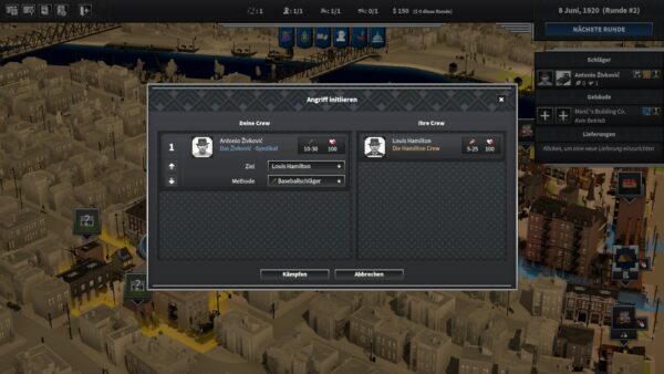 Der Screenshot zeigt ein Menü, in dem ein Kampf in City of Gangers eingestellt wird. Die Informationen der Beteiligten werden angezeigt und man kann den Kampf starten.