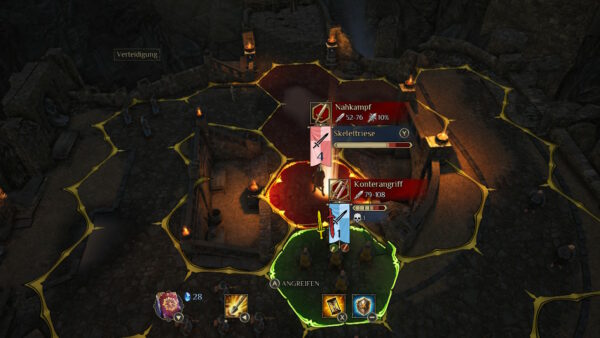 Der Screenshot zeigt einen Kampf aus King's Bounty II, in dem der Spieler gerade den Feind angreift.