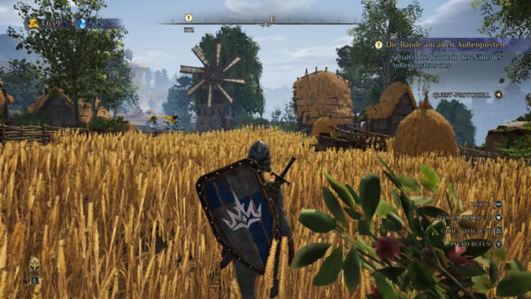 Der Screenshot zeigt die Erkundung der Welt in Third-Person-Ansicht. Zu sehen ist ein Weizenfeld, durch das die Hauptfigur gerade läuft.