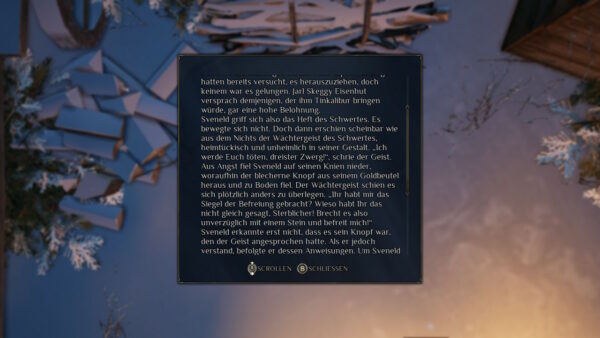 Der Screenshot zeigt einen langen Text im Spiel, der ziemlich verwaschen dargestellt wird und schwer zu lesen ist.