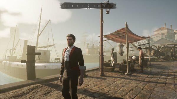Sherlock am Hafen im Kostüm "Viktorianischer Vampir". Im Hintergrund ein Händler.