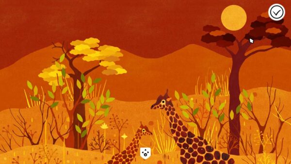 Auf dem Bild ist eine Savanne in Rottönen, zwei Giraffen schauen sich an.