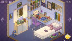 Zusehen ist ein buntes Jugendzimmer. Auf dem Bett in der rechten Ecke sitzt ein rosa Schweinchen als Stofftier, der Schreibtisch davor ist voll mit Malutensilien. Durch das Fenster links scheint die Sonne.