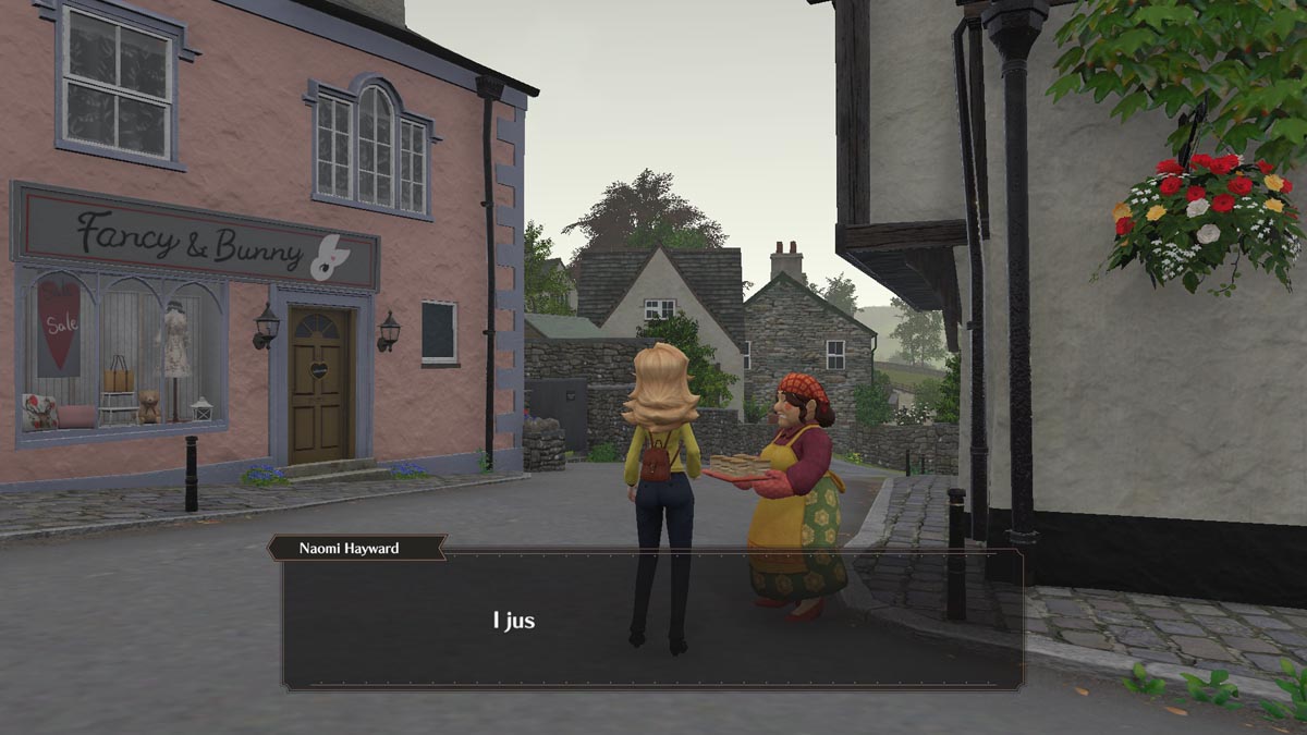 Zu sehen ist ein englisches Dorf. Auf der linken Seite ist ein Laden namens "Fancy & Bunny", rechts steht eine alte Bäuerin mit einem Tablett in der Hand.