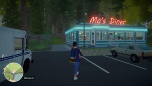 Ganz entspannt geht eine Frau über einen Parkplatz zu einem Diner namens Mo's Diner.