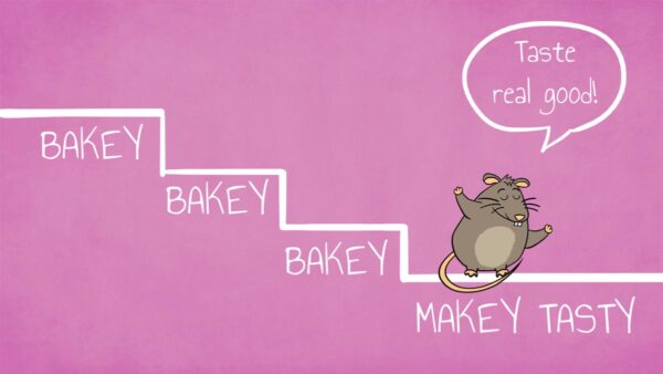 Vor einem rosafarbenen Hintergrund tanzt eine dicke Ratte den Bakey-Cakey-Song, während sie einen Kuchen backt.