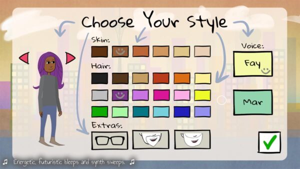 Dargestellt ist ein Charaktereditor, bei dem man Frisur, Hautfarbe, Geschlecht und Accessoires wählen kann.