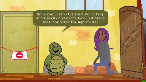 Auf dem Bild ist eine Schildkröte namens Steve, die erzählt, dass sie in einem Panzer lebt. Rechts daneben steht die lilafarbene Protagonistin.