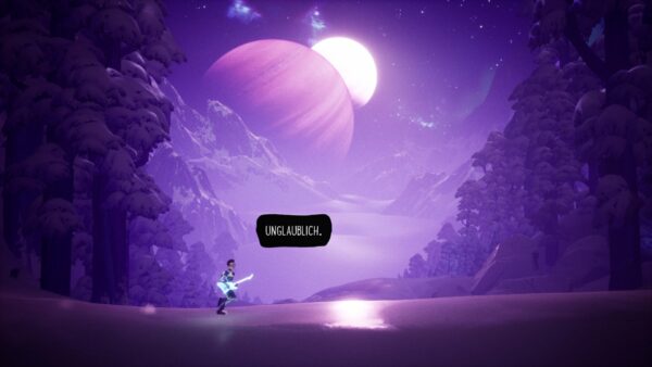Spielfigur mit Gitarre läuft vor einem lila Hintergrund in verschneiter Landschaft. Er denkt: "Unglaublich."