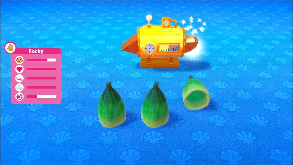 Zu sehen ist ein gelbes Uboot, davor drei grüne Hütchen, mit denen man ein Hütchenspiel spielen kann.
