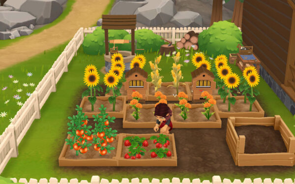 Tara beim Pflegen eines Erdbeerfelds, um sie herum weitere Blumenfelder und zwei Bienenstöcke zwischen Sonnenblumen.