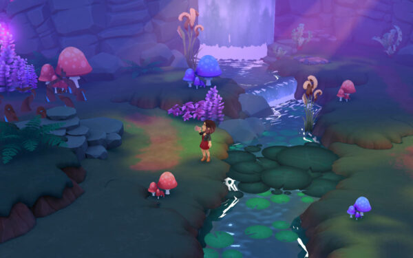 Tara beim Trinken eines Trankes in der Dämmerung, einer magischen Umgebung. Um sie herum wachsen verschiedene Pilze und sie steht neben einem Fluss.