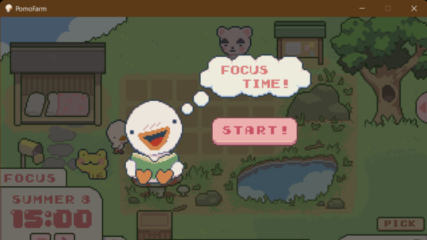 Auf dem Bild ist eine kleine Ente mit einem Buch im Vordergrund. Sie denkt "Focus Time", darunter ist ein roter "START"-Button. Im Hintergrund ist verschwommen eine Farm zu erkennen.
