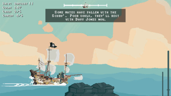 Auf dem Bild ist ein Schiff mit weißen Segeln und einer Piratenflagge, das auf hoher See fährt. Oben ist mit weißer Schrift auf schwarzem Untergrund die Rede davon, dass einige Crewmitglieder an Skorbut gestorben und nun auf dem Weg zu Davy Jones sind.