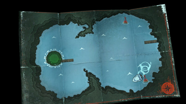 Eine Karte der See, auf dem ein kleines Boot unterwegs ist. Eine zweite Boje wurde entdeckt.