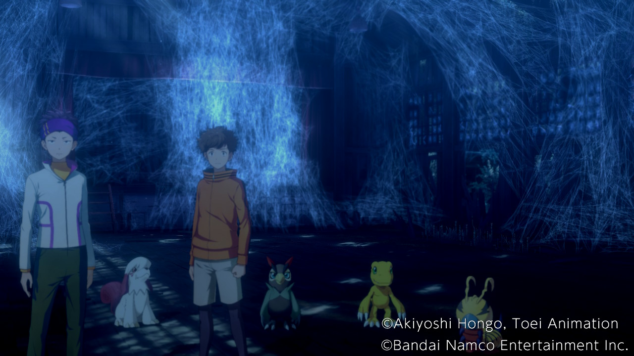 In einem Lagerraum, der in blauem Licht erstrahlt und der mit Spinnweben überwuchert ist, stehen zwei Jugendliche, die von vier verschiedenen Digimon umgeben sind. Niemand spricht.