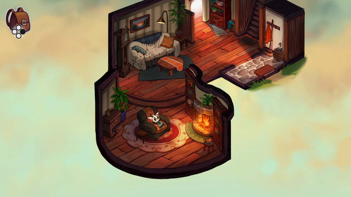 In einem gemütlichen Wohnzimmer brennt der Kamin und Luka, der Protagonist, entspannt auf einem weichen Sessel.
