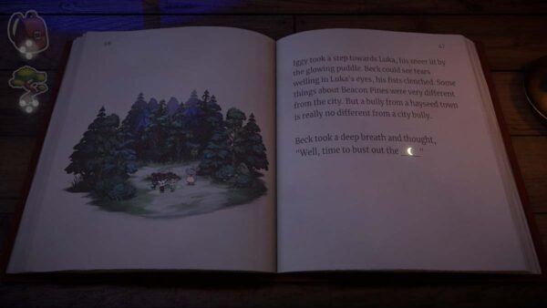 Auf dem Bild ist ein Buch zu sehen. Links sieht man die letzte Szene, die im Spiel war, rechts wird die Geschichte mit dem geschrieben Wort fortgesetzt. 
