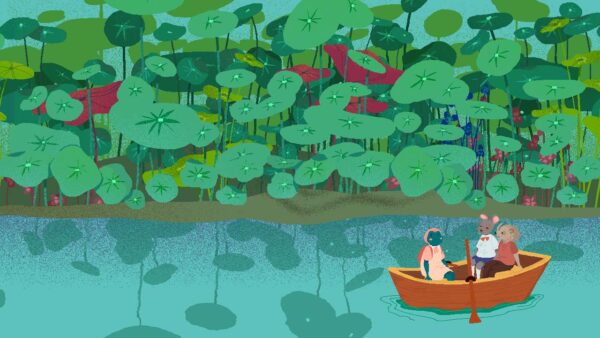 Auf einem See, der umgeben von Seerosen ist, schwimmt ein kleines Ruderboot. Darin sitzen Teacup und zwei ihrer Freunde (der eine ist eine Maus, der andere ein Igel).