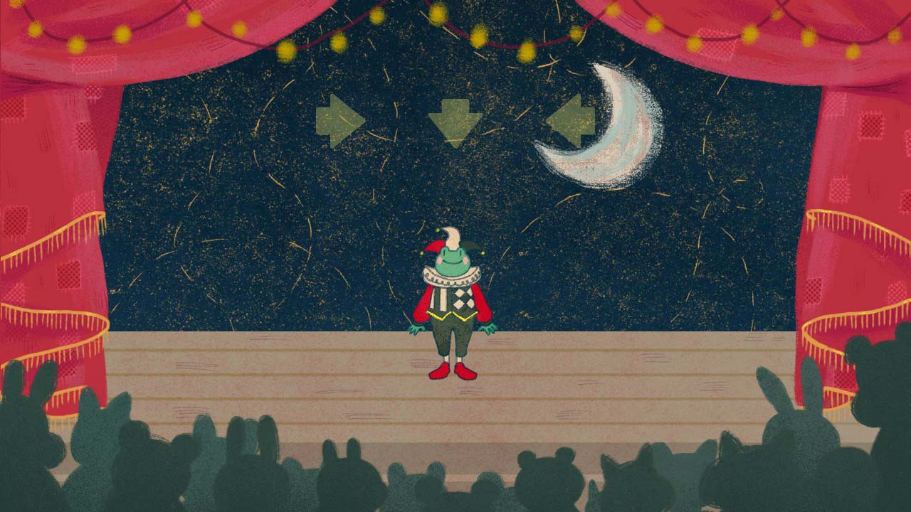 Ein Frosch ist als Clown verkleidet und steht auf einer Bühne. Über dem Kopf des Clowns sind drei Pfeile zu sehen.