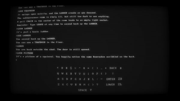 Auf dem Bild ist ein alter DOS Monitor zu sehen: Schwarzer Hintergrund und weiße Schrift. Dargestellt ist das Textadventure aus dem Spiel.