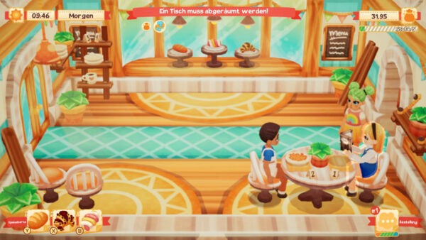 Spielfigur im Café der Bäckerei, zwei Tische besetzt, ein Kunde geht grade, eine andere Kundin möchte bestellen.