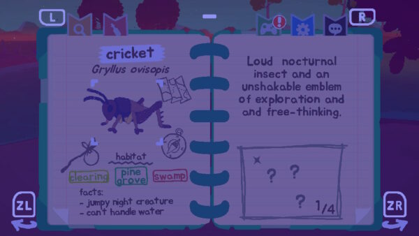Ein Notizbuch ist im Vordergrund. Zu sehen ist der Eintrag für eine cricket, die ich zuvor gefangen habe. Einige biologische Informationen sind zum Tier notiert.