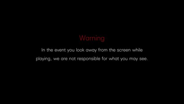 Zu sehen ist eine Warnung auf schwarzem Hintergrund. Die Warnung sagt: "In the event you look away from screen while playing, we are not responsible for what you may see."
