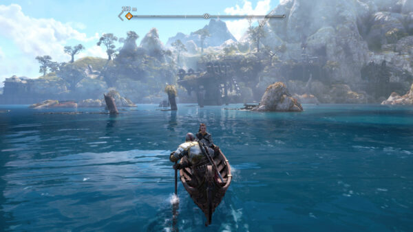 Kratos und Atreus sitzen im Boot und rudern auf eine Ruine zu.