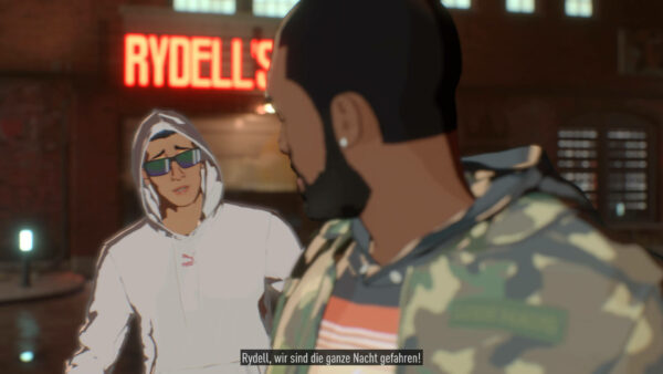 Screenshot aus einer Story-Sequenz mit Protagonist und Rydell. Spielfigur sagt: "Rydell, wir sind die ganze Nacht gefahren!"