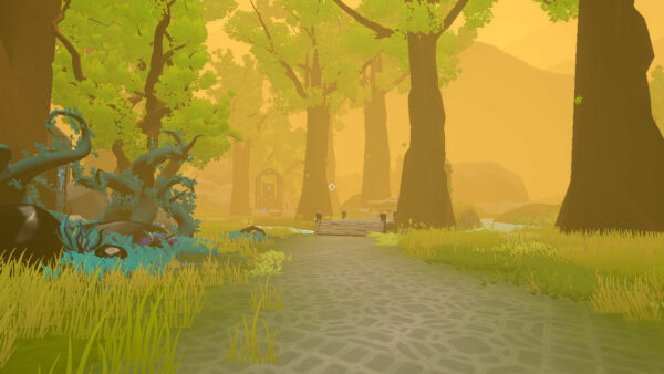 Unterwegs auf einem Waldweg in der Egoperspektive, ein Stück vor der Spielfigur eine Brücke über einem Fluss.
