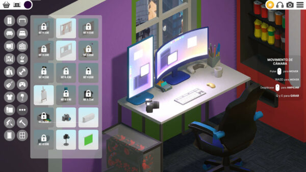 Screenshot aus My Dream Setup mit einem Schreibtisch mit zwei blauen Monitoren und einem schwarz-blauen Schreibtischstuhl. Das Menü zum Platzieren weiterer Objekte ist geöffnet. 