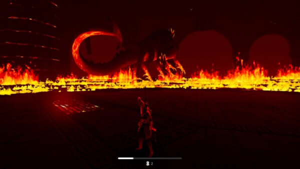 Eine Jägerin in roter Ausrüstung steht in einer kreisrunden Arena, die von Feuer umgeben ist. Vor ihr ist ein schwarz-rotes Monster gegen das sie kämpft.