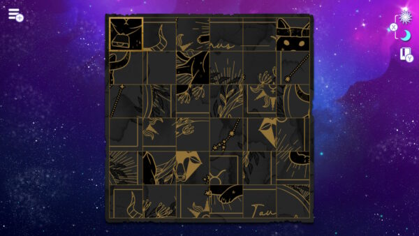 In der Mitte des Bildes ist ein großes Viereck, auf dem verschiedene Teile eines Puzzles in Schwarz-Gold liegen.