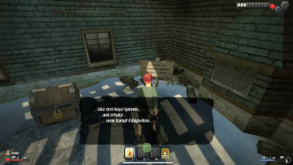 Spielfigur steht neben einer Truhe und liest ein Hinweisschild: "Töte drei Koyo Spinnen und erhalte neue Kampf-Fähigkeiten".