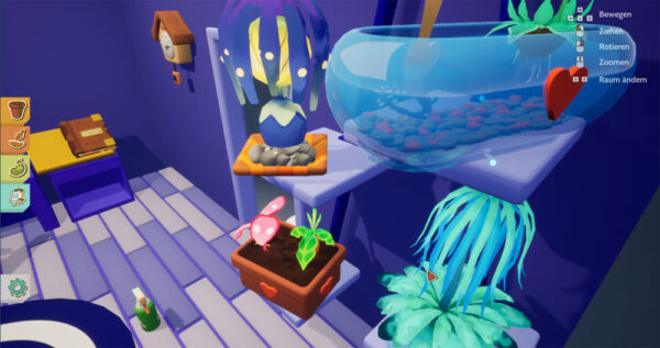 In einem blauen Zimmer werden Pflanzen aus der Nähe gezeigt, die auf einem Wandregal stehen. Eine blaue Pflanzen mit herunterhängenden Pflanzen scheint von innen zu leuchten.