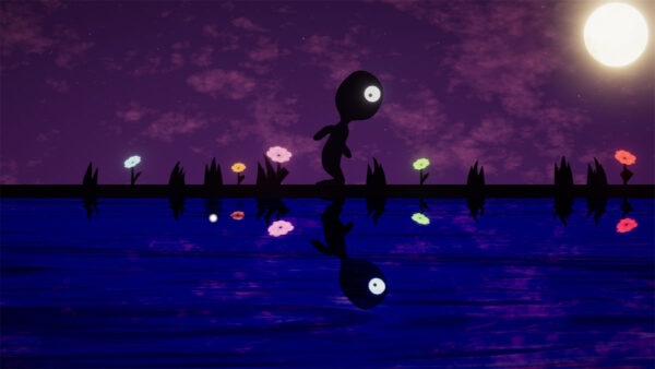 Eine Figur steht am Ufer eine Teiches und ist umgeben von leuchtenden Blumen. Der Vollmond strahlt hinab.