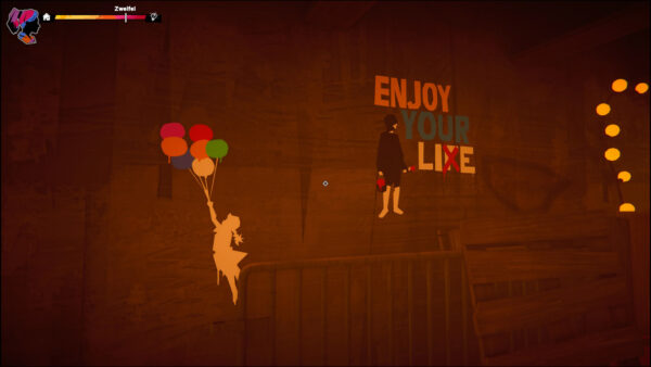 Auf dem Bild ist eine braune Wand zu sehen, an der zwei Graffities gesprüht sind. Ein Mädchen fliegt mit bunten Luftballons weg, während ein Junge "Enjoy Your Life" korrigiert und das F in Life entfernt hat, sodass da nun steht "Enjoy Your Lie".