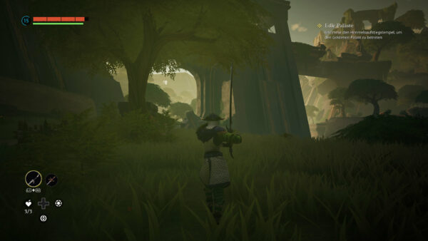 Spielfigur läuft durch die Umgebung, die Spielwelt ist recht dunkel und neblig.