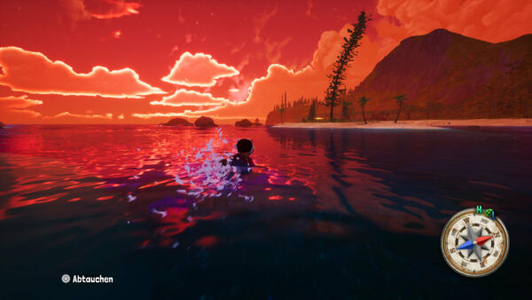 Tchia schwimmt im Sonnenuntergang auf eine Insel da, der Himmel in abendliche Farben getaucht.