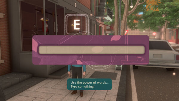Über einem Straßenabschnitt schwebt eine lilafarbene Texteingabe mit dem Hinweis "Use the power of words... Type something!"