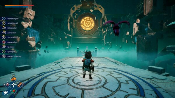 Spielfigur steht am Eingang eines Dungeons, überall schweben Gesteinsbrocken in der Luft.