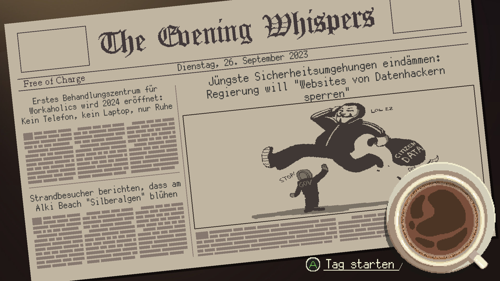 Zeitung "The Evening Whispers" im Spiel. Die Schlagzeile: "Jüngste Sicherheitsumgehungen eindämmen: Regierung will "Websites von Datenhackern sperren".