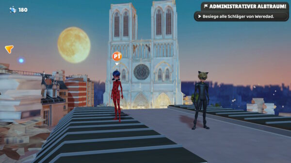 Cat Noir und Ladybug stehen auf einem Hausdach. Im Hintergrund ist der Mond und Notre Dame zu sehen.