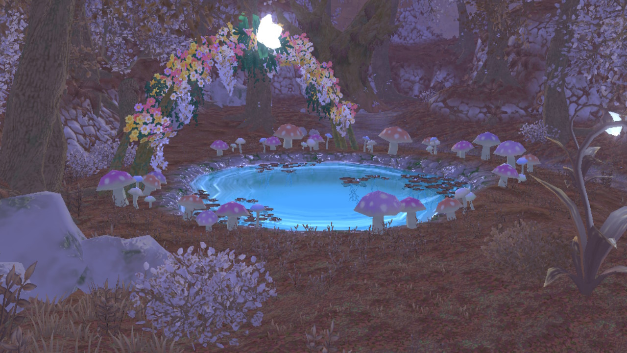 Über einen kleinen Teich spannt sich eine Blumengirlande mitten im Wald.